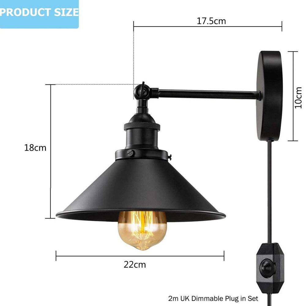 Modern Black Plugin Wall Light Fitting Cone Metal Shade Indoor Sconce Light