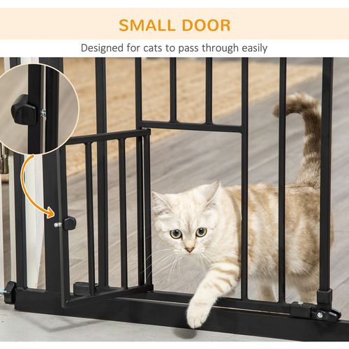 PawHut Extra Tall Dog Gate with Cat Door Auto Close for Stairs 74-101 cm Wide