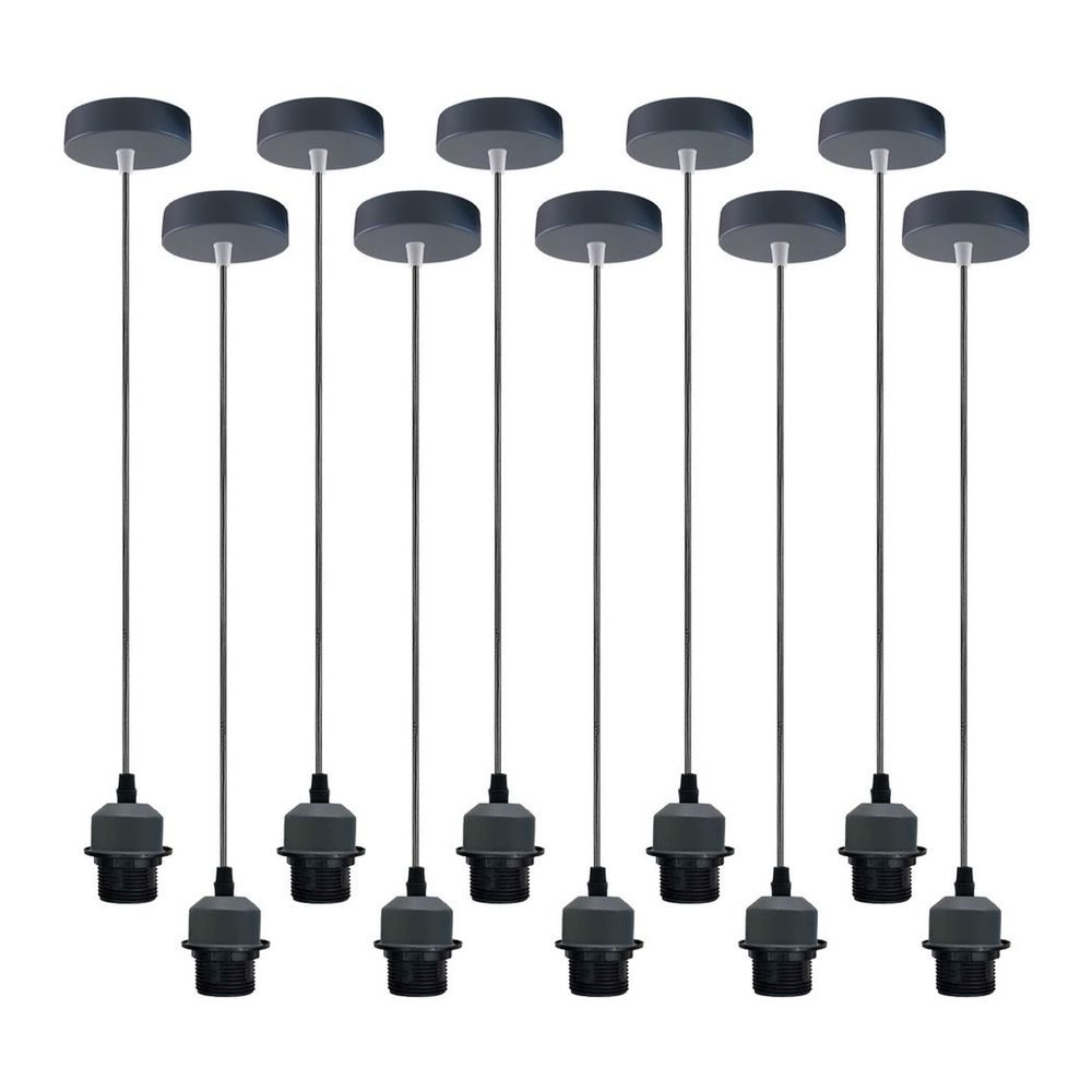 10 Pack Industrial Grey Pendant Light, Lampshade Addable E27 Lamp Holder Light, E27 UK Holder Set With PVC Cable.