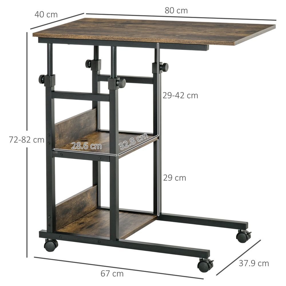 C-Shaped Mobile Sofa Bed Side Table Adjust Height 3-Tier Cart w/ Brake