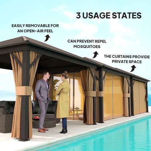 Outsunny 3.6 x 3(m) Metal Garden Hardtop Gazebo with Screened Curtain Brown