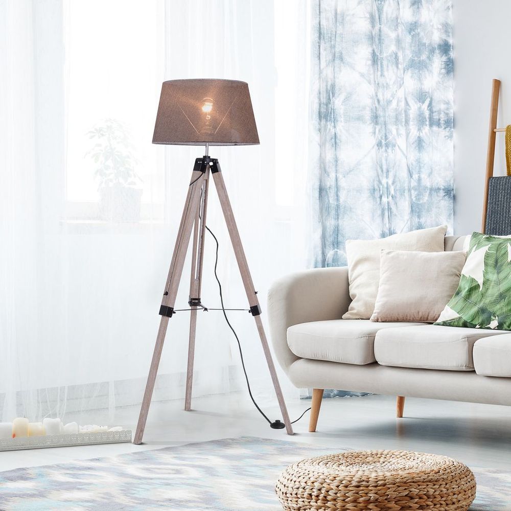 Tripod Floor Lamp Freestanding Bedside Light with Fabric Shade Grey