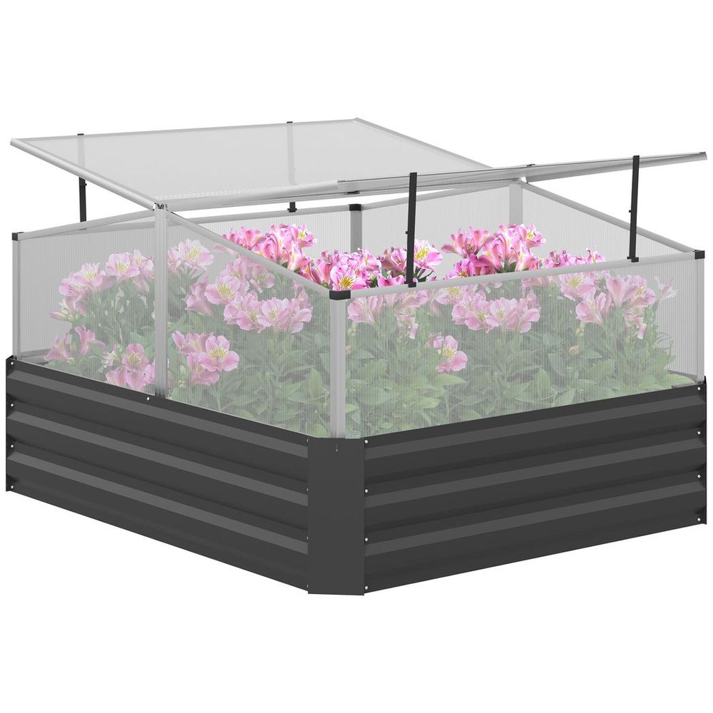 Outsuuny Galvanised Raised Garden Bed with Greenhouse and Cover, Dark Grey