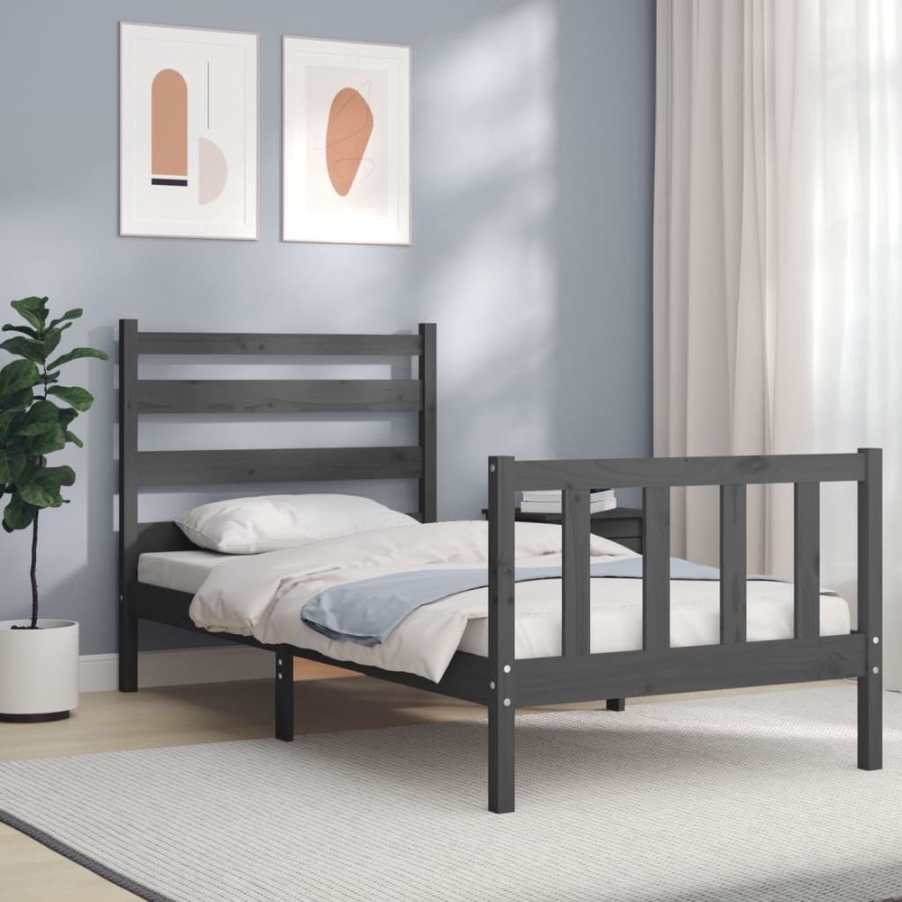 Bed Frame with Headboard Grey 2FT6 Small Single Solid Wood