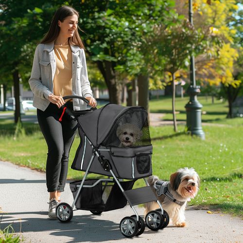 PawHut Pet Stroller Carrier Foldable Deluxe Walk Travel Dog Dark Grey