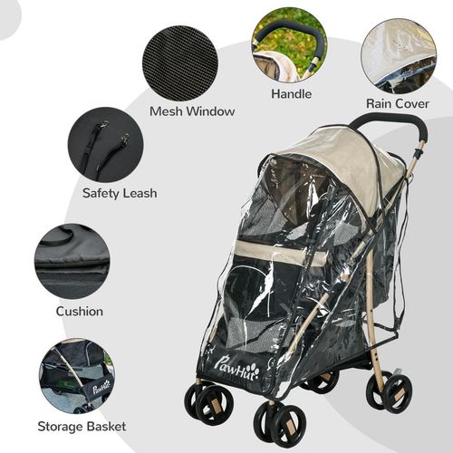 PawHut Pet Stroller for XS and S Dogs with Rain Cover - Khaki