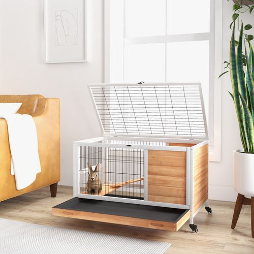 PawHut Wood Indoor Rabbit Hutch 2-Floor Design w/ Wheels, Yellow