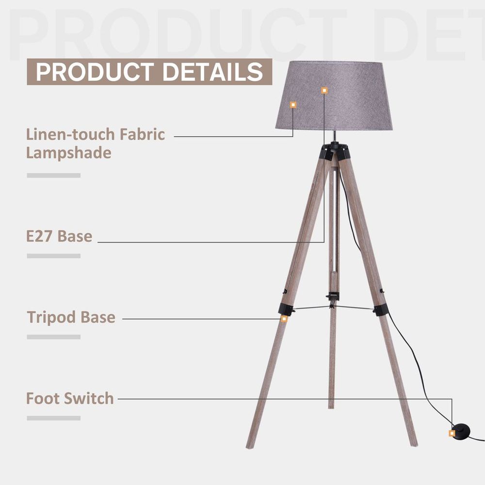 Tripod Floor Lamp Freestanding Bedside Light with Fabric Shade Grey