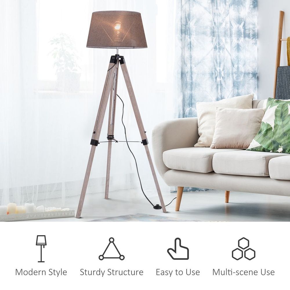 Tripod Floor Lamp Freestanding Bedside Light with Fabric Shade Grey