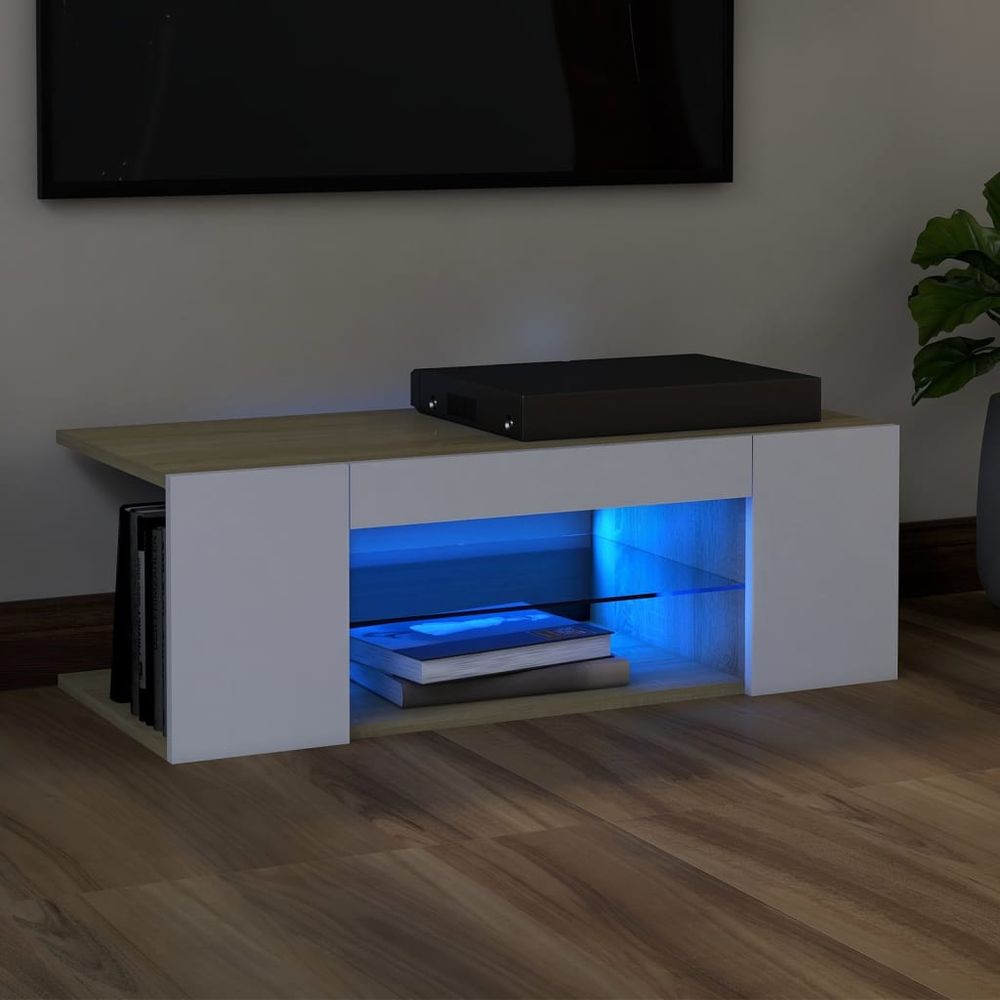 TV Cabinet with LED Lights Smoked Oak 90x39x30 cm