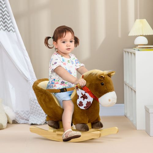 HOMCOM Kids Rocking Horse, Plush Baby Rocking Chair with Safety Harness, Sounds