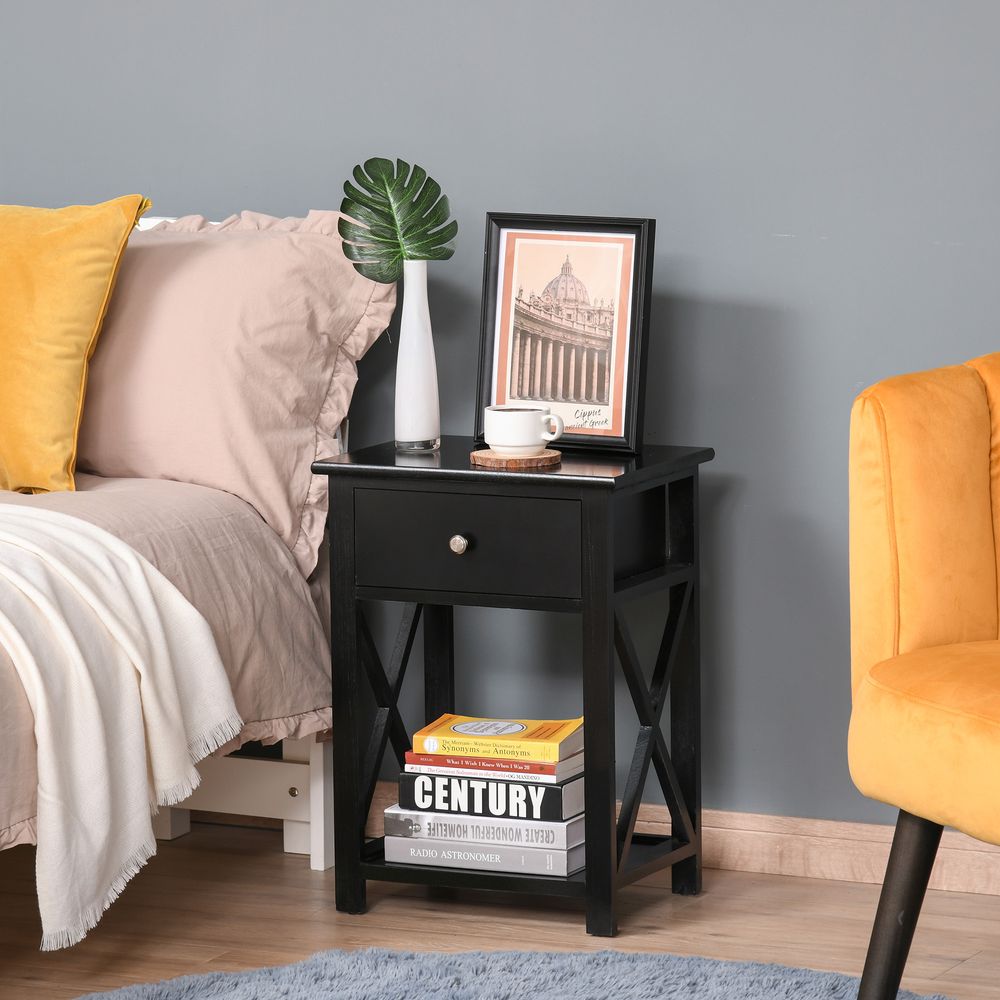 MDF 2-Tier Side Table w/ Drawer Black