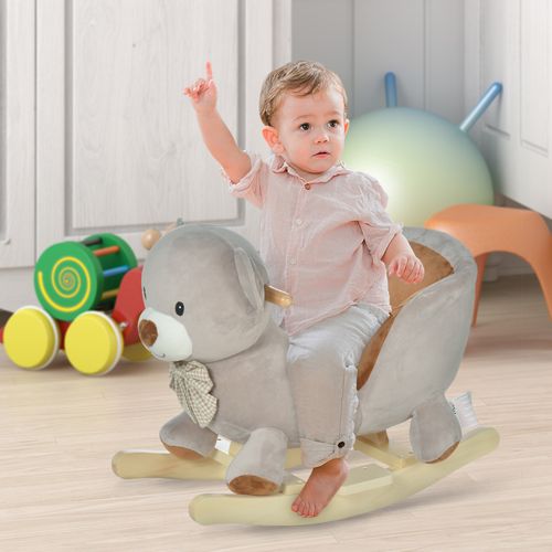 Kids Rocking Bear Plush Ride On Seat Sound Button Wood Base Seat Belt HOMCOM