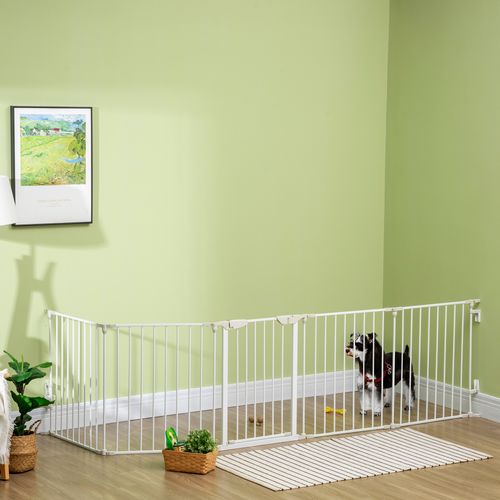 Pet Gate 5-Panel Dog Playpen for Indoor Stair Barrier W/ Walk Through Door White