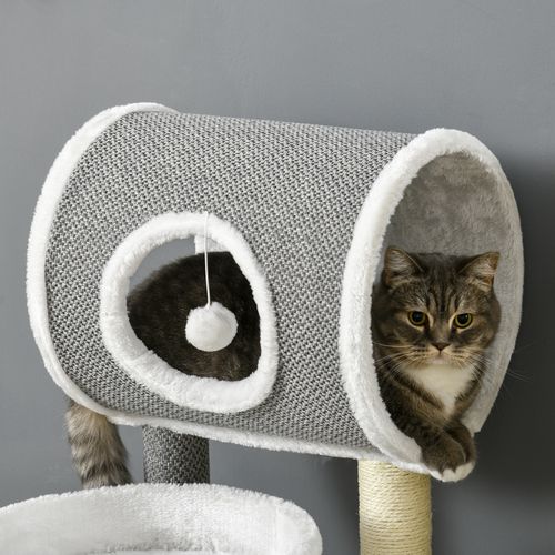 PawHut Cat Tower with Scratching Post, Cat Bed, Cat Tunnel, Toy Ball - White