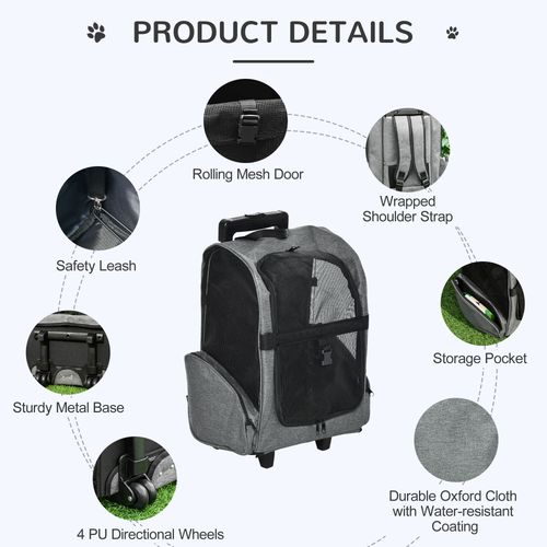 Pet Travel Backpack Bag Cat Dog Carrier w/ Trolley and Telescopic Wheel Grey