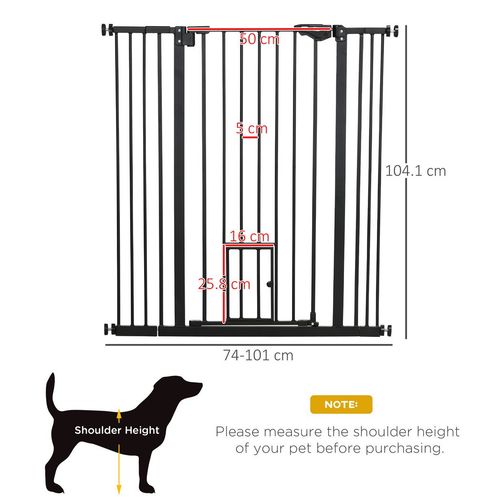 PawHut Extra Tall Dog Gate with Cat Door Auto Close for Stairs 74-101 cm Wide