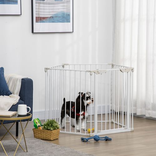 Pet Gate 5-Panel Dog Playpen for Indoor Stair Barrier W/ Walk Through Door White