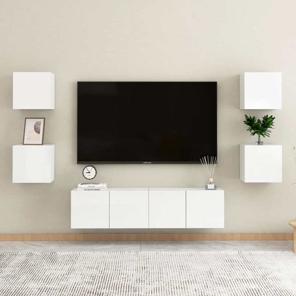 6 Piece TV Cabinet Set High Gloss White Engineered Wood