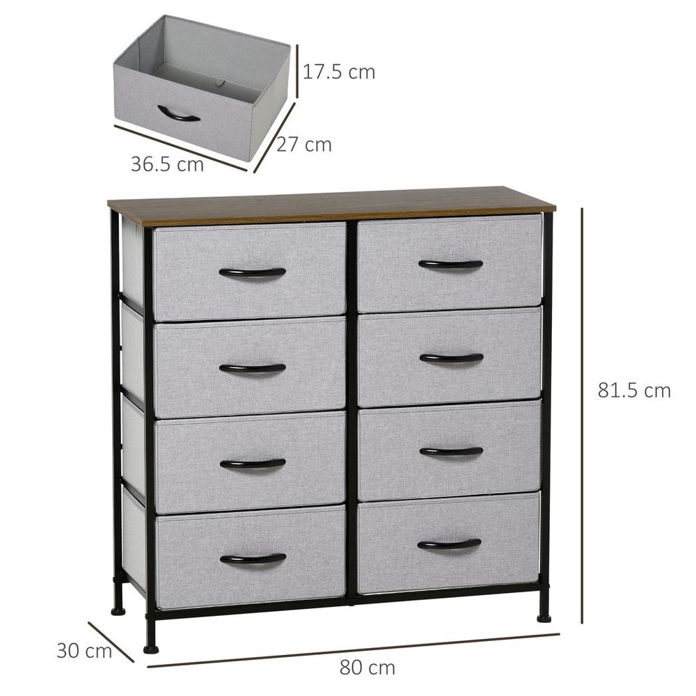 HOMCOM 8 Drawer Fabric Chest of Drawers w/ Wooden Top for Closet Hallway Grey