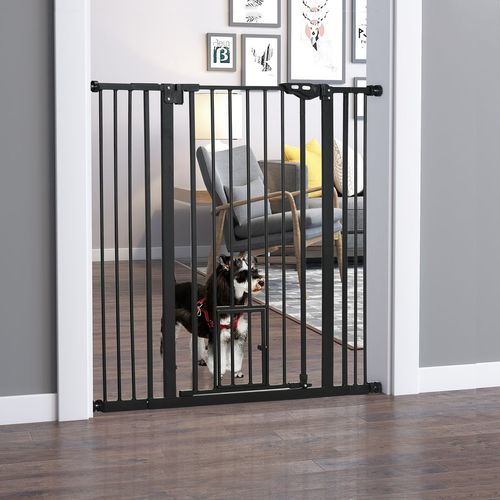 PawHut Extra Tall Dog Gate with Cat Door Auto Close for Stairs 74-101 cm Wide