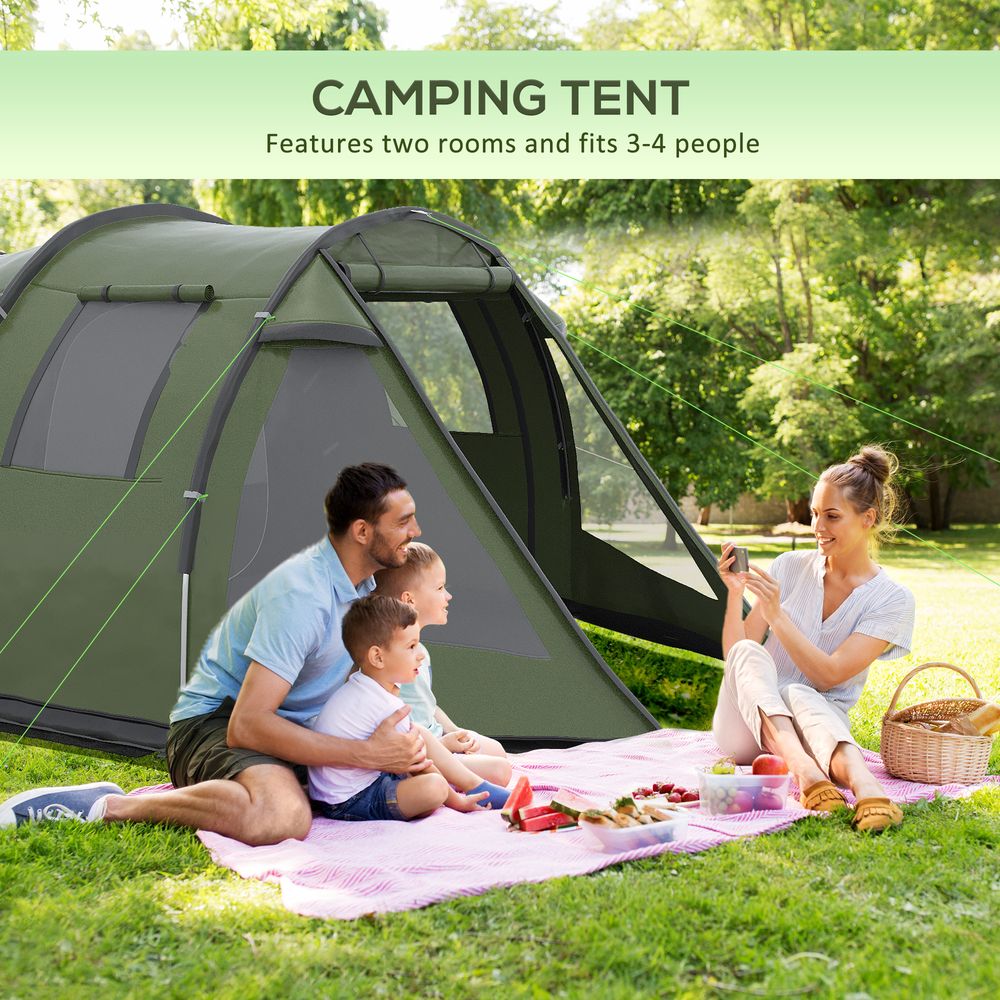 Outsunny 3-4 Persons Tunnel Tent, Two Room Camping Tent w/ Windows, Green