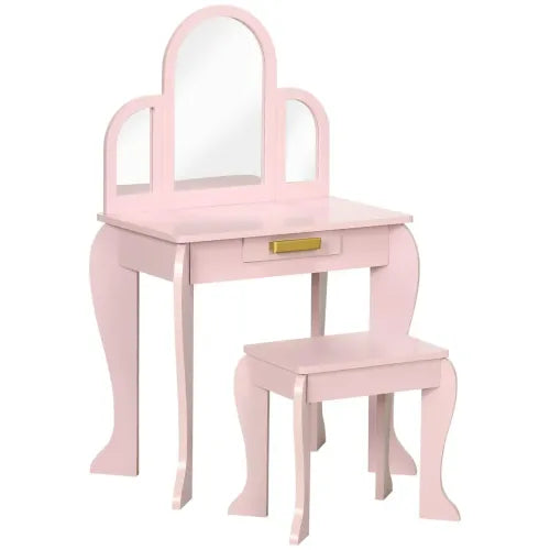 Kids Dressing Table and Stool w/ Mirror and Drawer, for Ages 3-6 Years - Pink