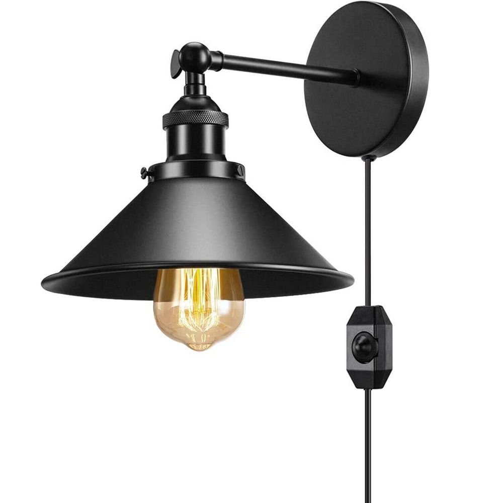 Modern Black Plugin Wall Light Fitting Cone Metal Shade Indoor Sconce Light