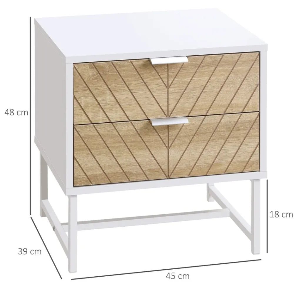 Modern Bedside Table with 2 Drawers, Sofa Side Table for Bedroom, White and Oak
