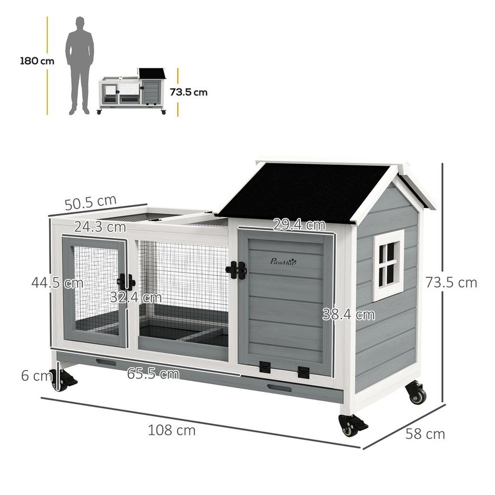 PawHut Wooden Rabbit Hutch, Small Animal  House w/ Wheels, Removable Tray - Grey