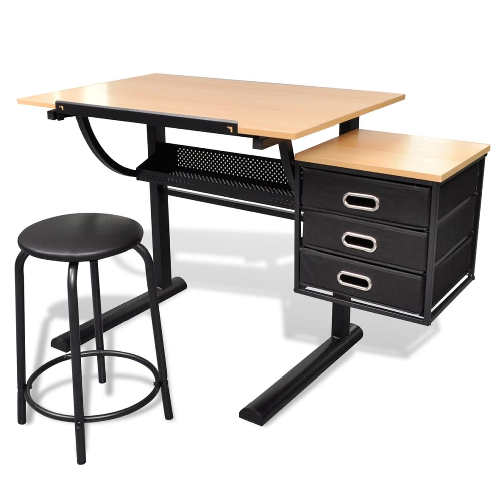 Three Drawers Tiltable Tabletop Drawing Table with Stool