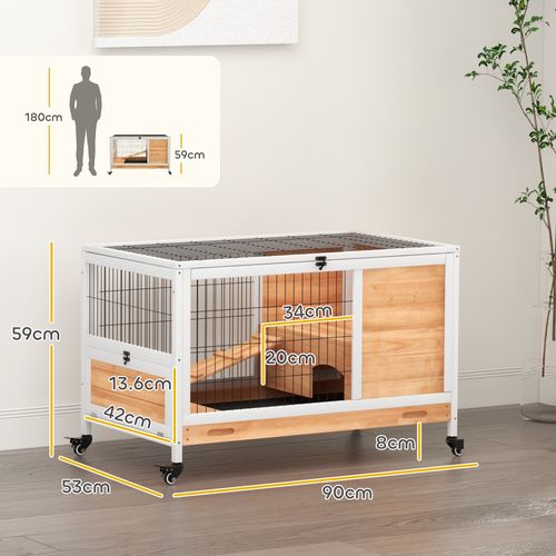 PawHut Wood Indoor Rabbit Hutch 2-Floor Design w/ Wheels, Yellow