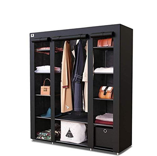 Knight Triple Canvas Portable Large Free Standing Wardrobe Shelving Clothes Storage with Hanging Rail and Cubic Drawer (1pc Included) - L 150cm x W 45cm x H 175cm - Black