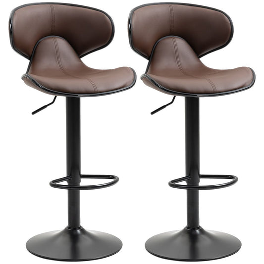 Set of 2, Barstools with Footrest and Backrest, Steel Frame Gas Lift Brown