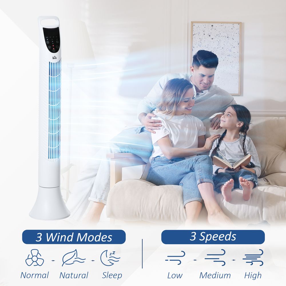 Tower Fan, 3 Speed 3 Mode Timer Oscillation,Remote White