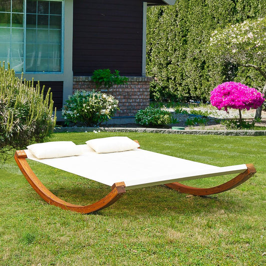 Rocking Double Sun Lounger W/ Wooden Frame-White