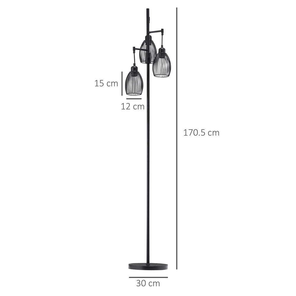 170cm Industrial 3-Light Floor Lamp, Dimmable Black