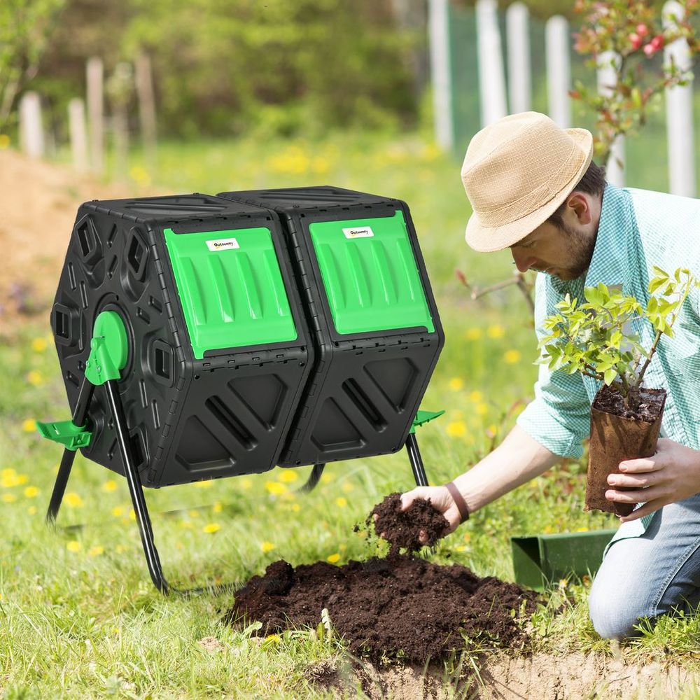 Outsunny 130L Compost Bin Dual Chamber Rotating Composter w/ Ventilation Holes