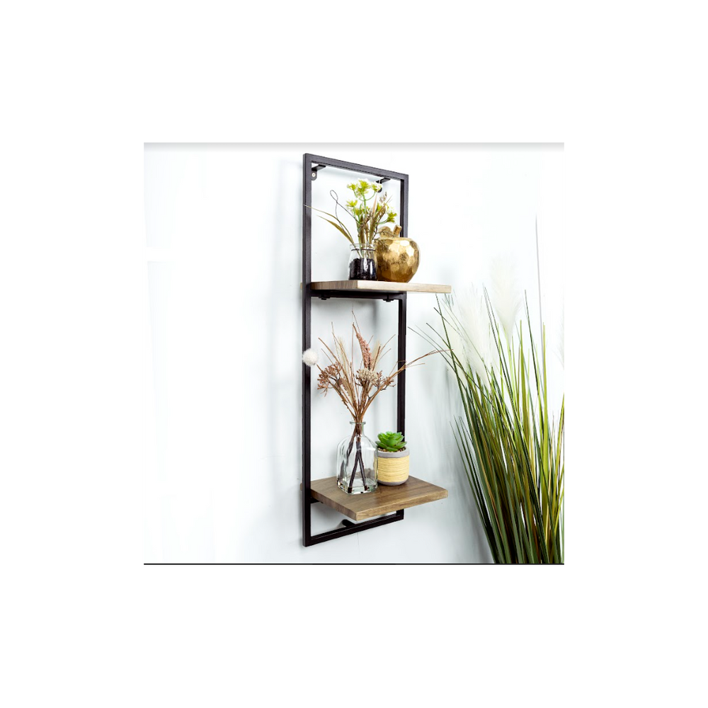 Narrow 2 Tier Dark OAK Floating Wall Shelf with Black Frame - PARGI