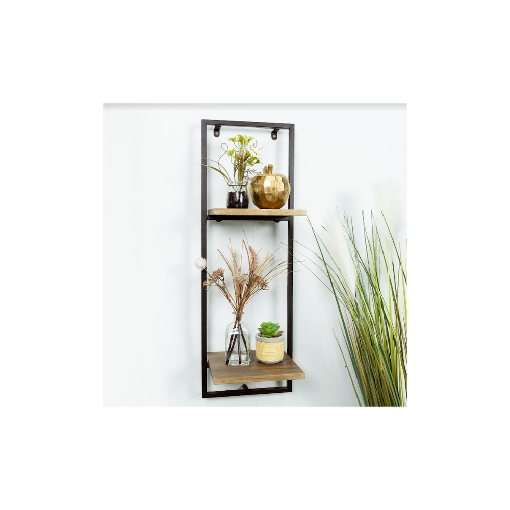 Narrow 2 Tier Dark OAK Floating Wall Shelf with Black Frame - PARGI