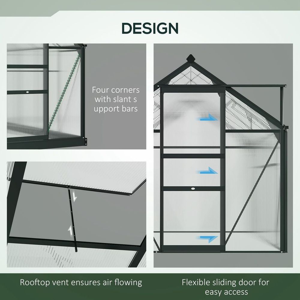 Polycarbonate Walk-In Garden Greenhouse Aluminium Frame w/ Slide Door 6 x 10ft