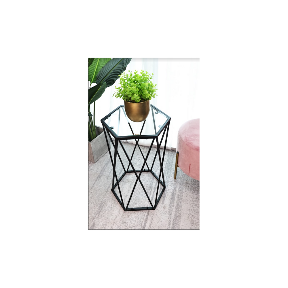 Hexagon Tempered Glass Black Side Table (Small) - SLENDER