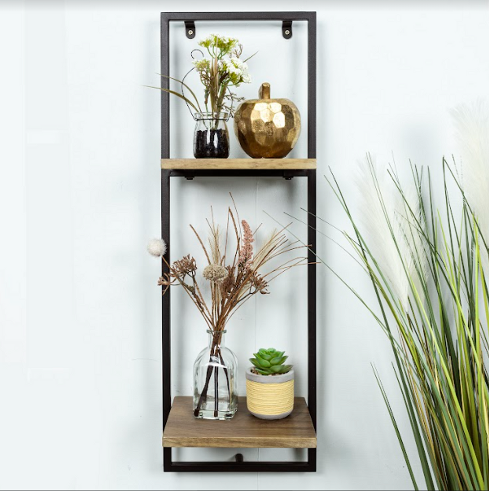 Narrow 2 Tier Dark OAK Floating Wall Shelf with Black Frame - PARGI