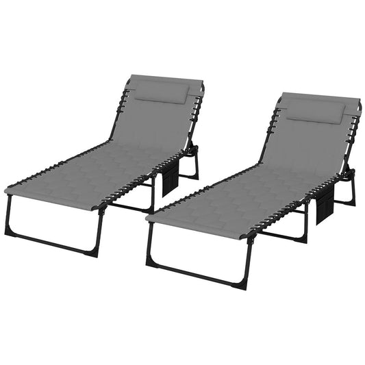 Outsunny Foldable Sun Lounger Set, 2 Pieces Sun Lounger w/ Padded Seat Grey