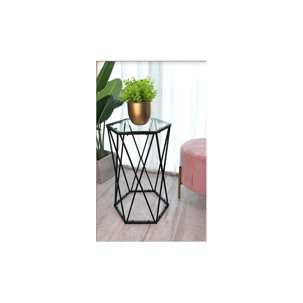 Hexagon Tempered Glass Black Side Table (Small) - SLENDER