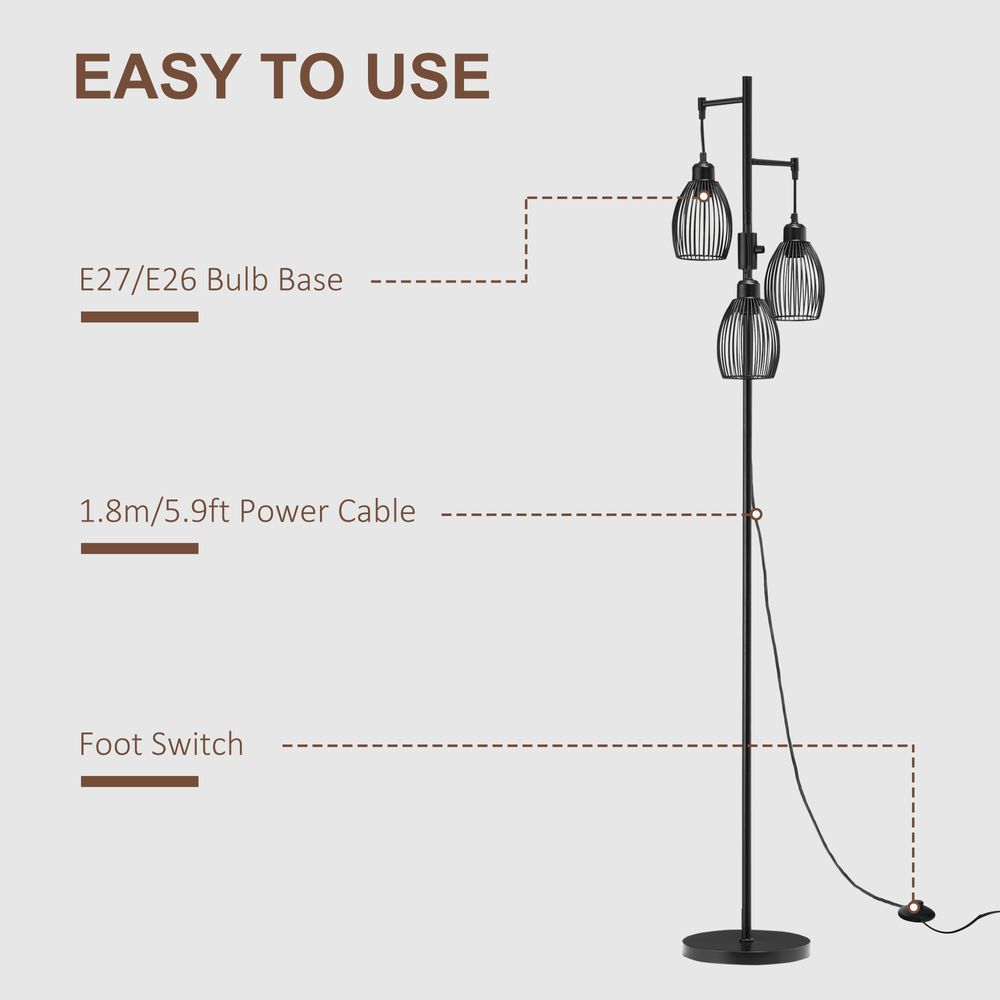 170cm Industrial 3-Light Floor Lamp, Dimmable Black