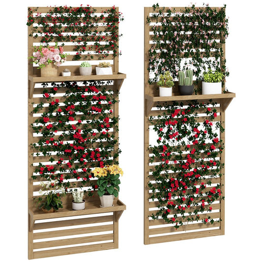Outsunny Wall Mounted Plant Stands Set of 2 with Shelves and Slatted Trellis