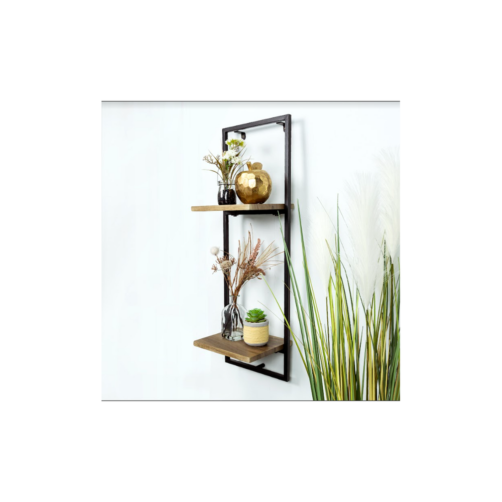 Narrow 2 Tier Dark OAK Floating Wall Shelf with Black Frame - PARGI