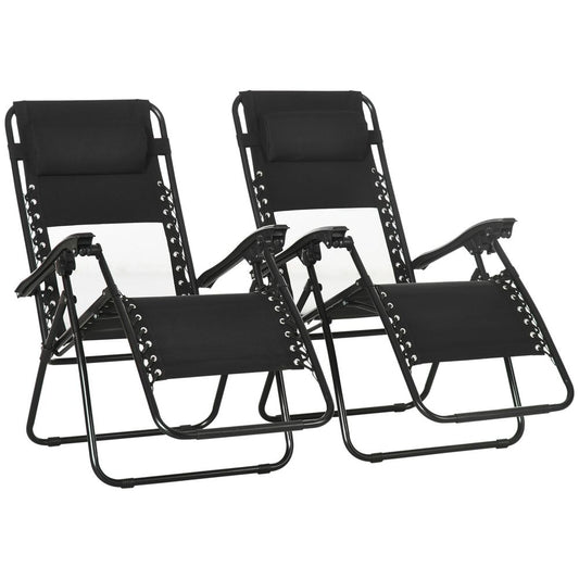 Foldable Garden Recliner Chair Set of 2 w/ Footstool & Headrest, Black